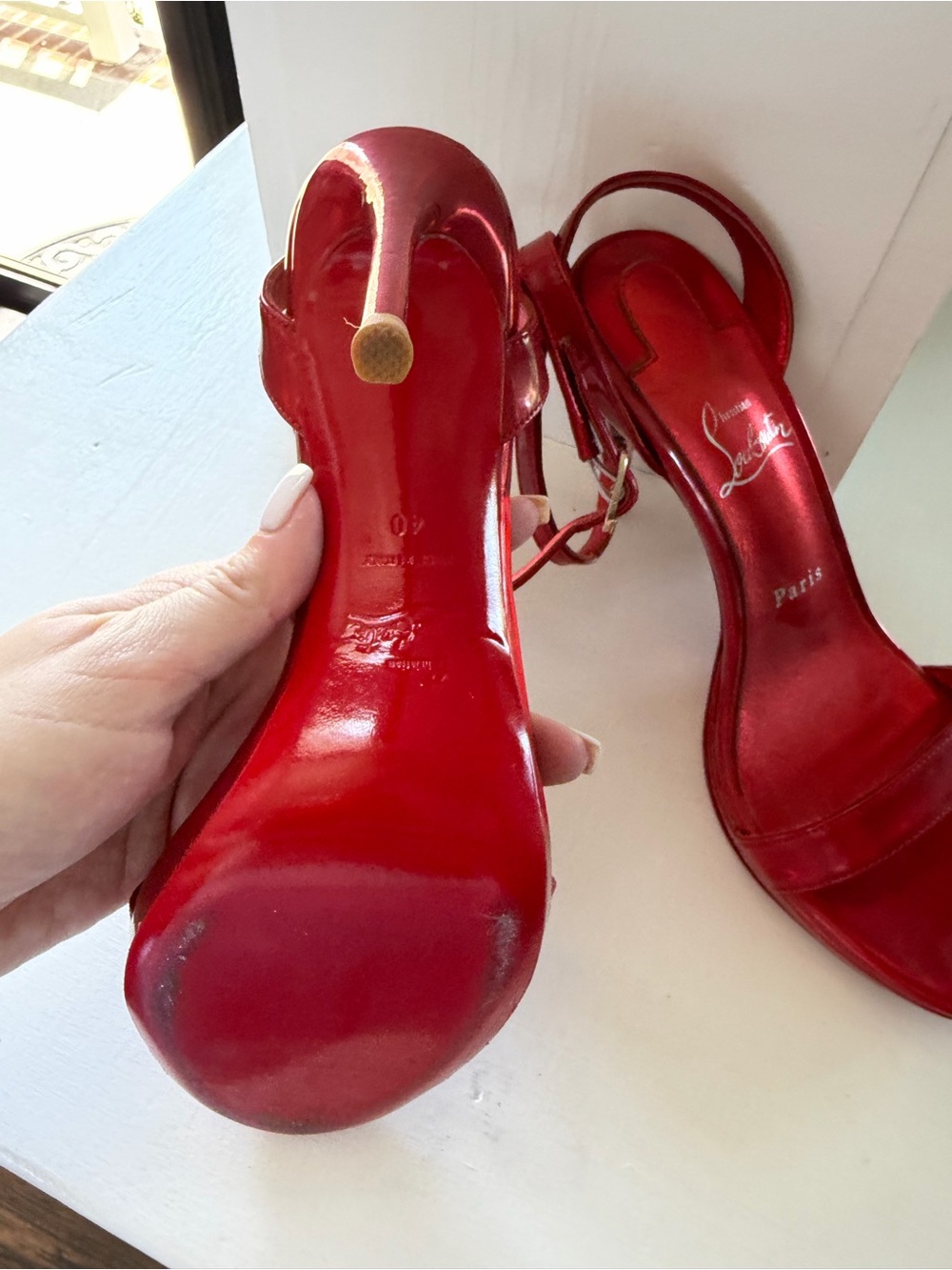 Christian Louboutin Red Patent Open-Toe Ankle-Strap Heels - Picture 3 of 6